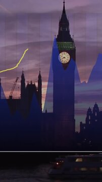 Animation of financial data processing over cityscape