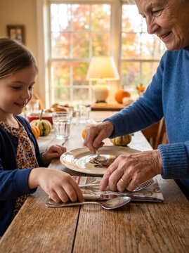 smiling grandmother showing little granddaughter how to arrange silverware for family thanksgiving dinner