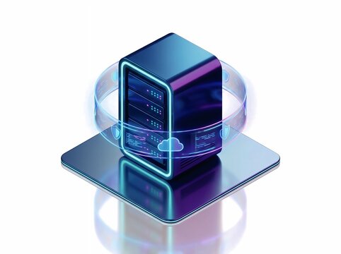 3D isometric icon of a futuristic server rack tower with glowing security lights, cloud computing concept