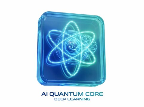 3D icon of a glowing blue quantum atom core with orbiting neon ring paths, artificial intelligence concept