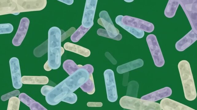 Microscopic bacteria or cells moving on dark green background an animation showing various colored