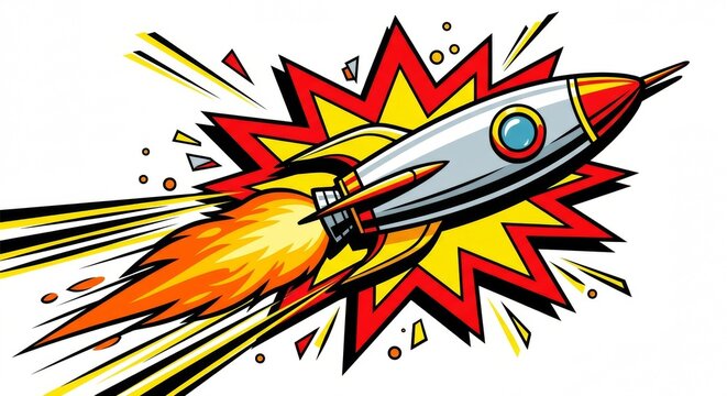 Vintage pop art rocket ship launching into space