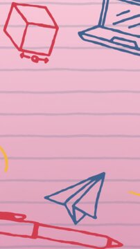 Animation of education icons on pink ruled paper with copy space