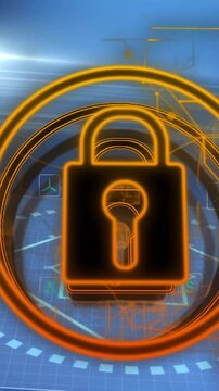 Digital padlock icon over futuristic data security animation