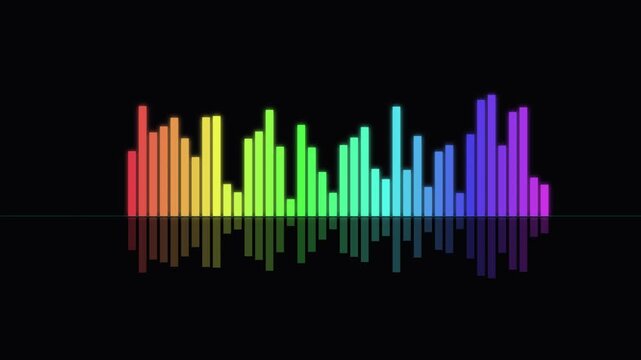 Vibrant rainbow colored digital audio equalizer wave graphic featuring vertical glowing bars with a mirror reflection on a surface motion, animation, loop, video