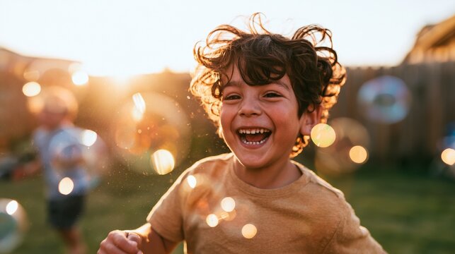 Joyful Child in Bubble Fun, Sunlit Outdoor Playtime