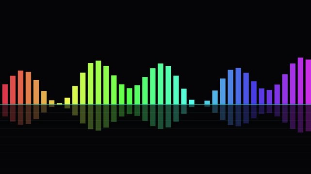 Abstract colorful audio frequency waveform equalizer graphic showing vibrant musical pulses with symmetrical reflection on a clean digital surface motion, animation, loop, video