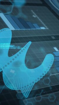 Animation of blue spirals spinning over financial data processing and chemical formula