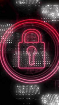 Lock icon and binary code, cybersecurity animation over digital background