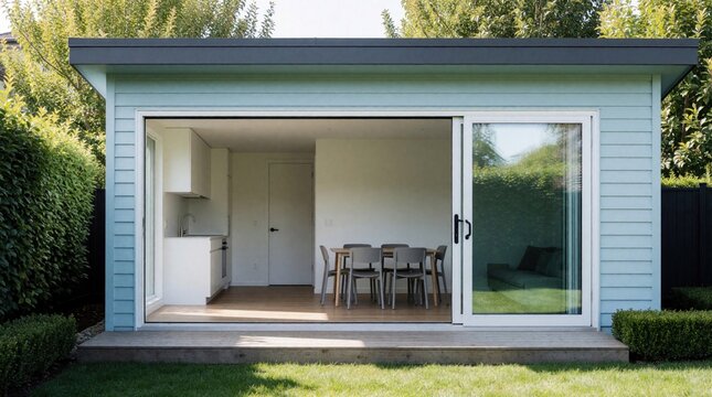 Modern backyard studio with light blue siding and open glass doors. Minimalist interior features kitchenette, dining area, and living space. Garden setting with green lawn and hedge.