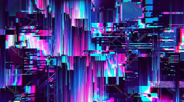 digital art trends, a vibrant, distorted digital landscape with abstract pixel sorting in a cyberpunk style