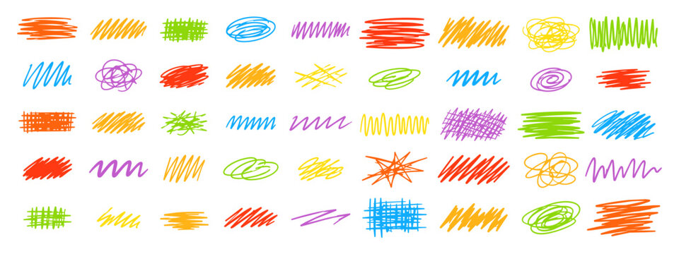 Colorful hand drawn scribble collection with sketch strokes, doodles and marker highlights. Bright vector annotation elements isolated on transparent background for creative design