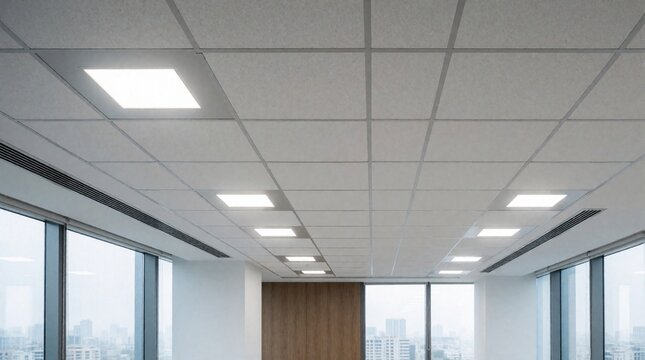 Modern office interior features sleek square recessed LED downlights integrated into white acoustic ceiling tiles. Bright lighting design illuminates empty workspace with large windows overlooking