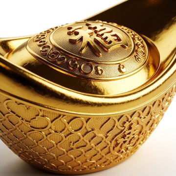 Shiny gold Chinese ingot with traditional Fu character symbol. Decorative metal sycee shows luxury wealth, prosperity. Close up macro shot of oriental treasure for Lunar New Year celebration business