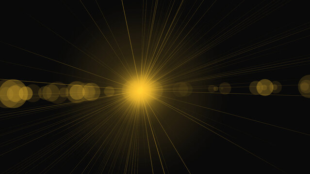 Horizontal gold light flare with central starburst and symmetrical bokeh orbs stretching across black backdrop ideal for cinematic titles and luxury website headers or sophisticated social media post