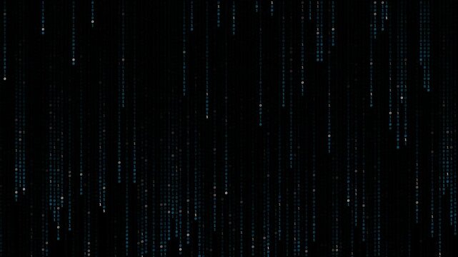 Abstract digital background featuring flowing vertical columns of binary code ones and zeros in blue and white light motion, animation, loop, video