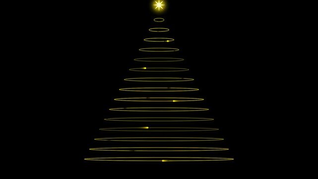 Minimalist abstract christmas tree illustration formed by glowing golden spiral rings with a shining star topper for festive holiday design motion, animation, loop, video