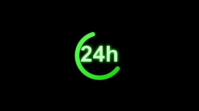 A bright green glowing neon sign showing the text 24h surrounded by a circular clock icon representing constant availability motion, animation, loop, video