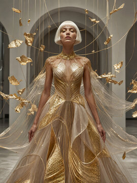 High-fashion model wearing an intricate gold and sheer gown with a white bob haircut surrounded by floating gold elements in a classic hall