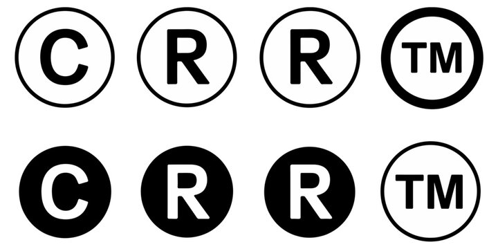 Copyright trademark and registered symbol icons in black and white circles for intellectual property, legal protection, branding, and business identity.