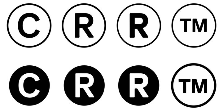 Copyright trademark and registered symbol icons in black and white circles for intellectual property, legal protection, branding, and business identity.