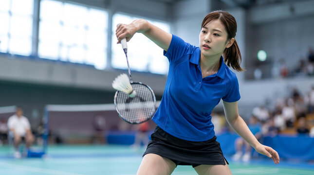 体育館でシャトルを打ち返す若い女性バドミントン選手