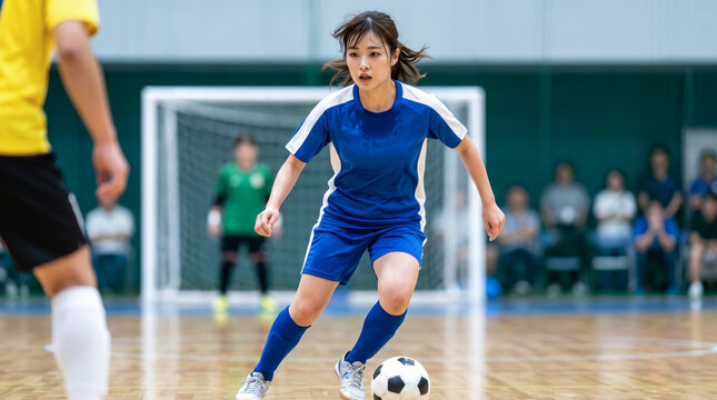 インドアでドリブルをする女性フットサル選手 スポーツの試合