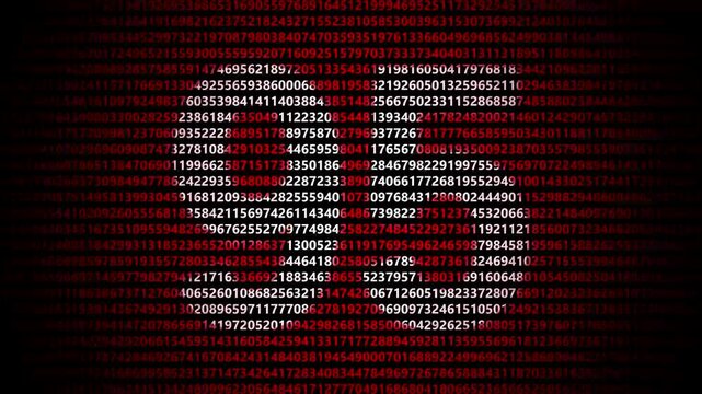 Abstract digital background featuring a 95 number shape formed by bright white numbers against a flowing red numerical stream alphabet data code technology math