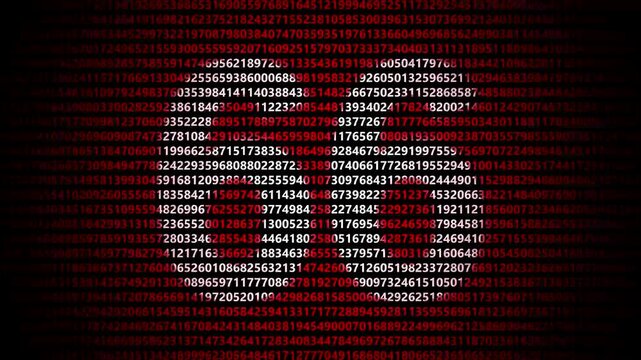 Abstract digital background featuring a 66 number shape formed by bright white numbers against a flowing red numerical stream alphabet data code technology math