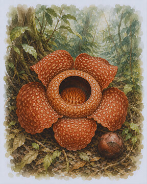 Detailed botanical watercolor illustration of a Rafflesia arnoldii flower featuring its distinctive reddish-brown petals, cream-colored spots, and large central opening.