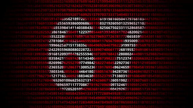 Abstract digital background featuring a 67 number shape formed by bright white numbers against a flowing red numerical stream alphabet data code technology math