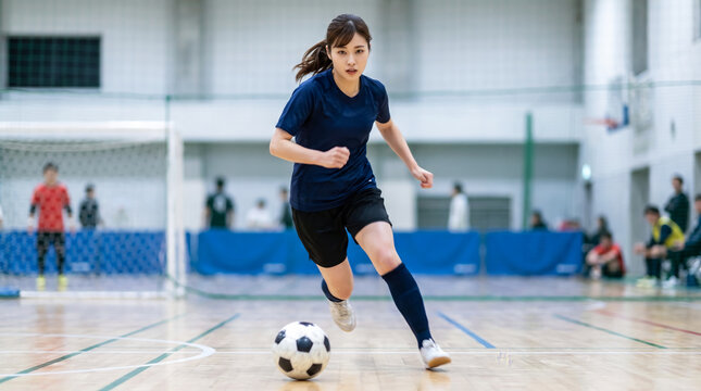 体育館でドリブルをする女性フットサル選手のスポーツイメージ