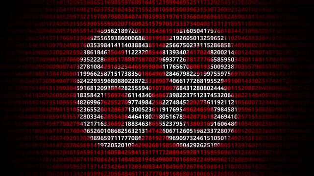Abstract digital background featuring a 68 number shape formed by bright white numbers against a flowing red numerical stream alphabet data code technology math