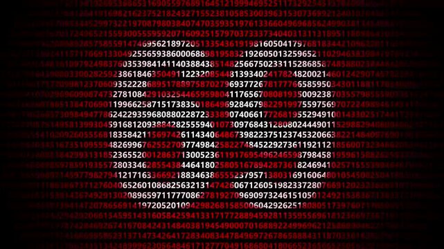 Abstract digital background featuring a 69 number shape formed by bright white numbers against a flowing red numerical stream alphabet data code technology math