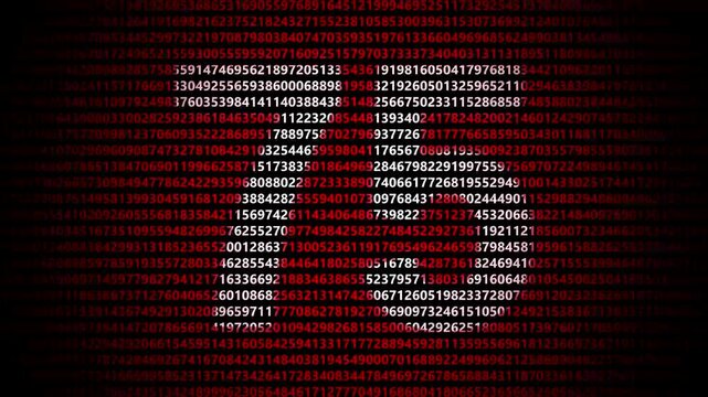 Abstract digital background featuring a 75 number shape formed by bright white numbers against a flowing red numerical stream alphabet data code technology math