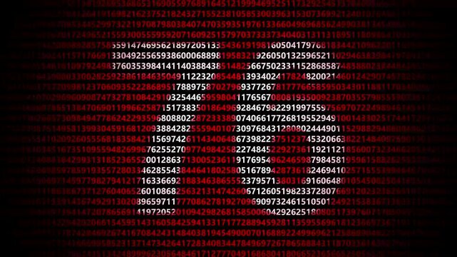 Abstract digital background featuring a 76 number shape formed by bright white numbers against a flowing red numerical stream alphabet data code technology math