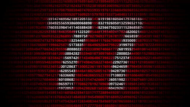 Abstract digital background featuring a 77 number shape formed by bright white numbers against a flowing red numerical stream alphabet data code technology math