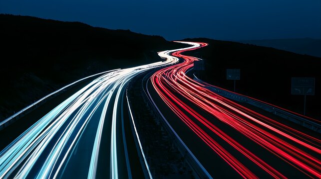 Dynamic long exposure night traffic light trails on winding mountain road with motion blur effect