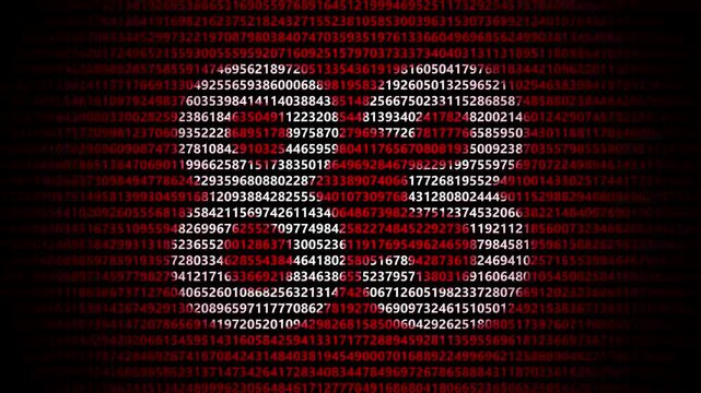 Abstract digital background featuring a 83 number shape formed by bright white numbers against a flowing red numerical stream alphabet data code technology math