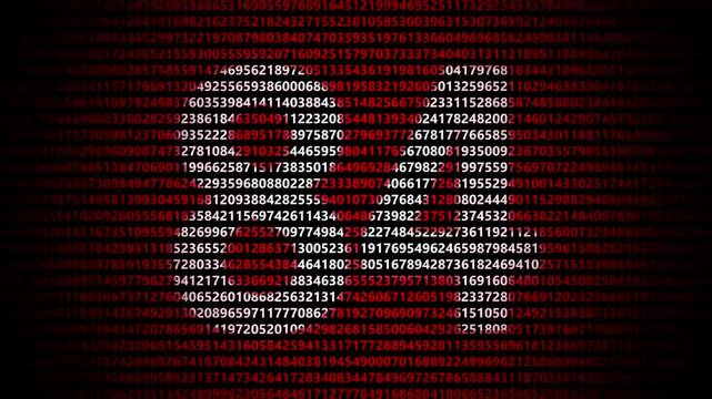 Abstract digital background featuring a 84 number shape formed by bright white numbers against a flowing red numerical stream alphabet data code technology math