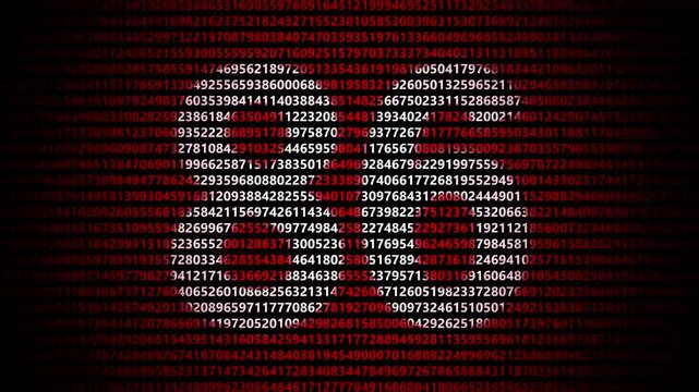 Abstract digital background featuring a 86 number shape formed by bright white numbers against a flowing red numerical stream alphabet data code technology math