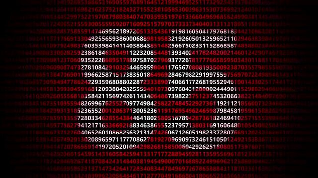 Abstract digital background featuring a 85 number shape formed by bright white numbers against a flowing red numerical stream alphabet data code technology math