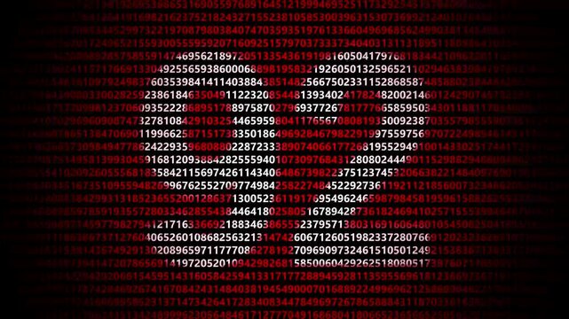 Abstract digital background featuring a 92 number shape formed by bright white numbers against a flowing red numerical stream alphabet data code technology math