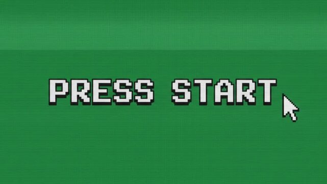 Retro pixel art press start text with computer cursor a classic style pixelated reading displayed