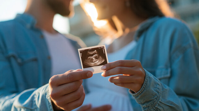 Faceless couple holding an ultrasound photo together, expecting their baby, family joy concept, with copy space