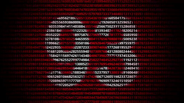 Abstract digital background featuring a 93 number shape formed by bright white numbers against a flowing red numerical stream alphabet data code technology math