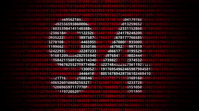 Abstract digital background featuring a 94 number shape formed by bright white numbers against a flowing red numerical stream alphabet data code technology math