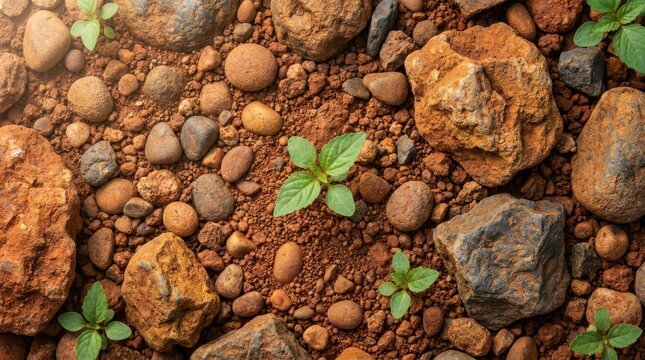 Small green sprouts growing through rocky red soil in a desert landscape