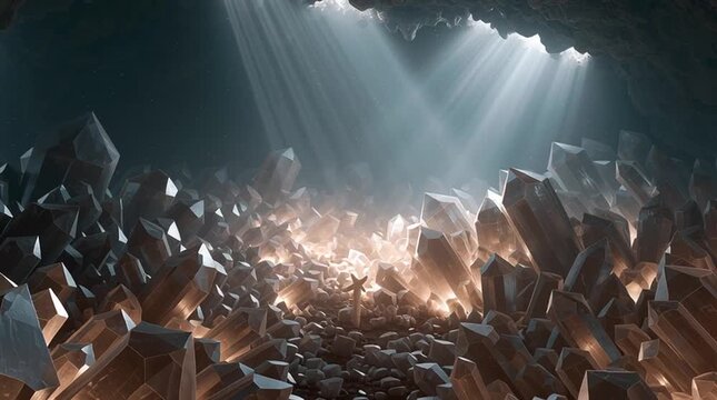 Colossal cave filled with towering quartz crystals arranged in perfect geometric symmetry, illuminated by shafts of sunlight entering from above. Surreal natural wonder blending geology, light and sym