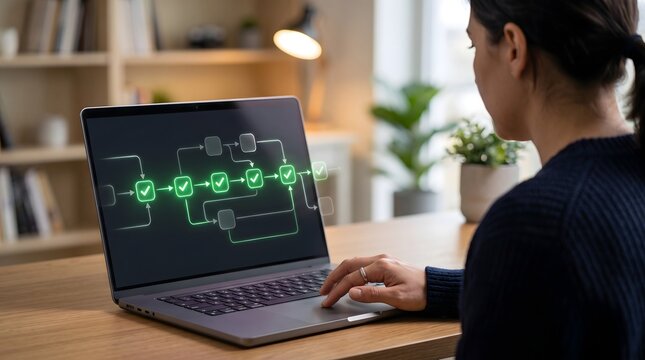 Professional woman using laptop to manage complex digital workflow process with glowing green checkboxes displayed on the high resolution screen